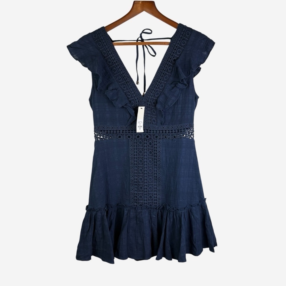 NWT Francesca's Navy Blue Ritah Crochet Lace Flutter Mini Dress Blue Rain • M - Picture 8 of 15